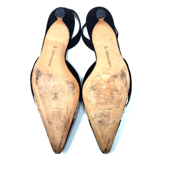 Vintage Manolo Blahnik Suede Pointed Toe Slingback Kitten Heel Black Size 42 - Picture 7 of 10